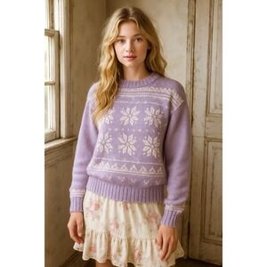 Meister Women's Lavender‎ Wool Fair Isle Snowflake Sweater Medium Vintage